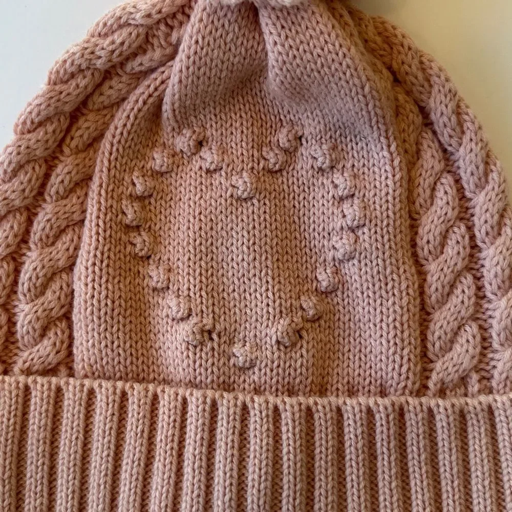 NWT KATE SPADE knit Pom Pom English Rose pink heart beanie winter hat cable os - Picture 5 of 6